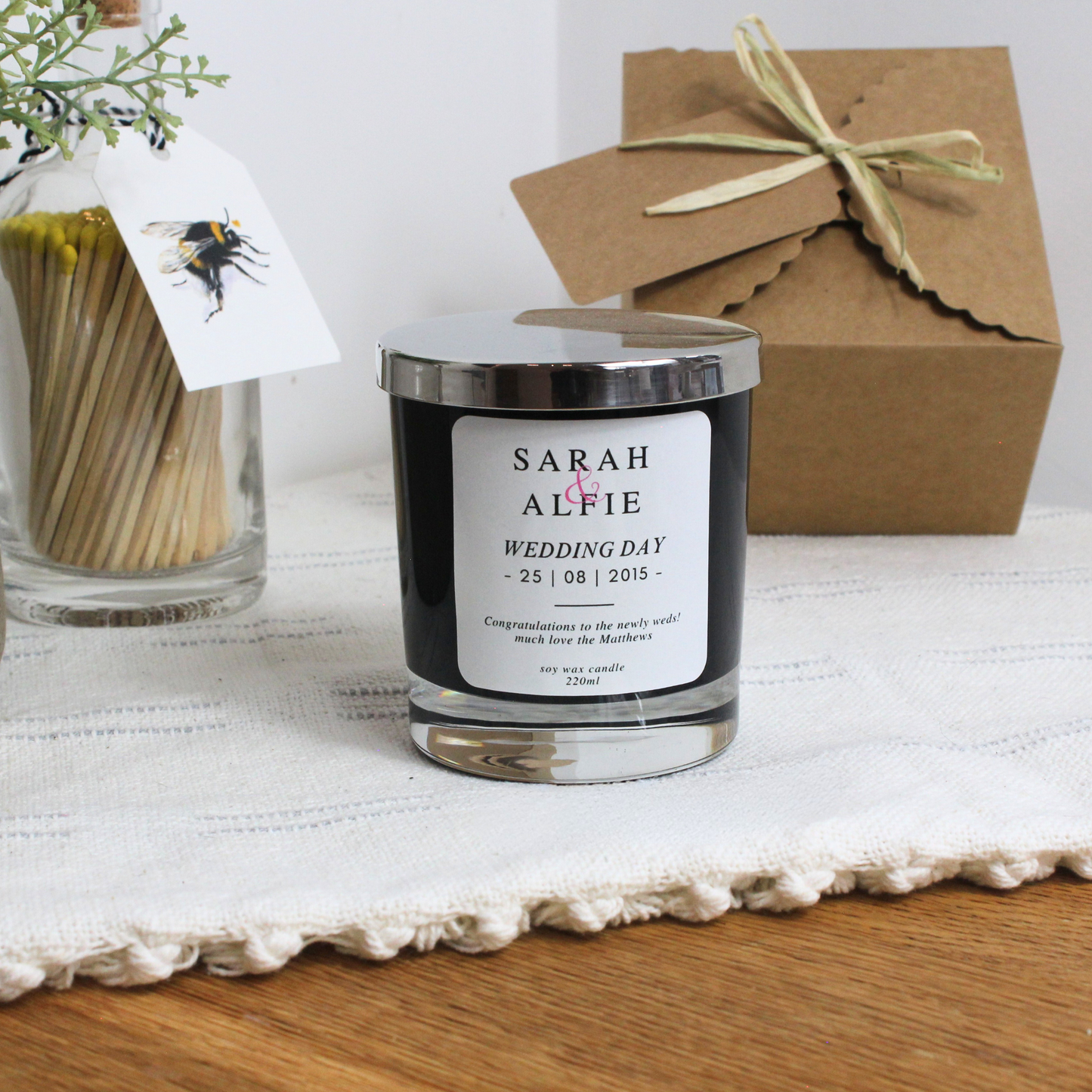 Personalised Wedding Candle Featuring Couple’s Names and Date – Hideaway Home Fragrances