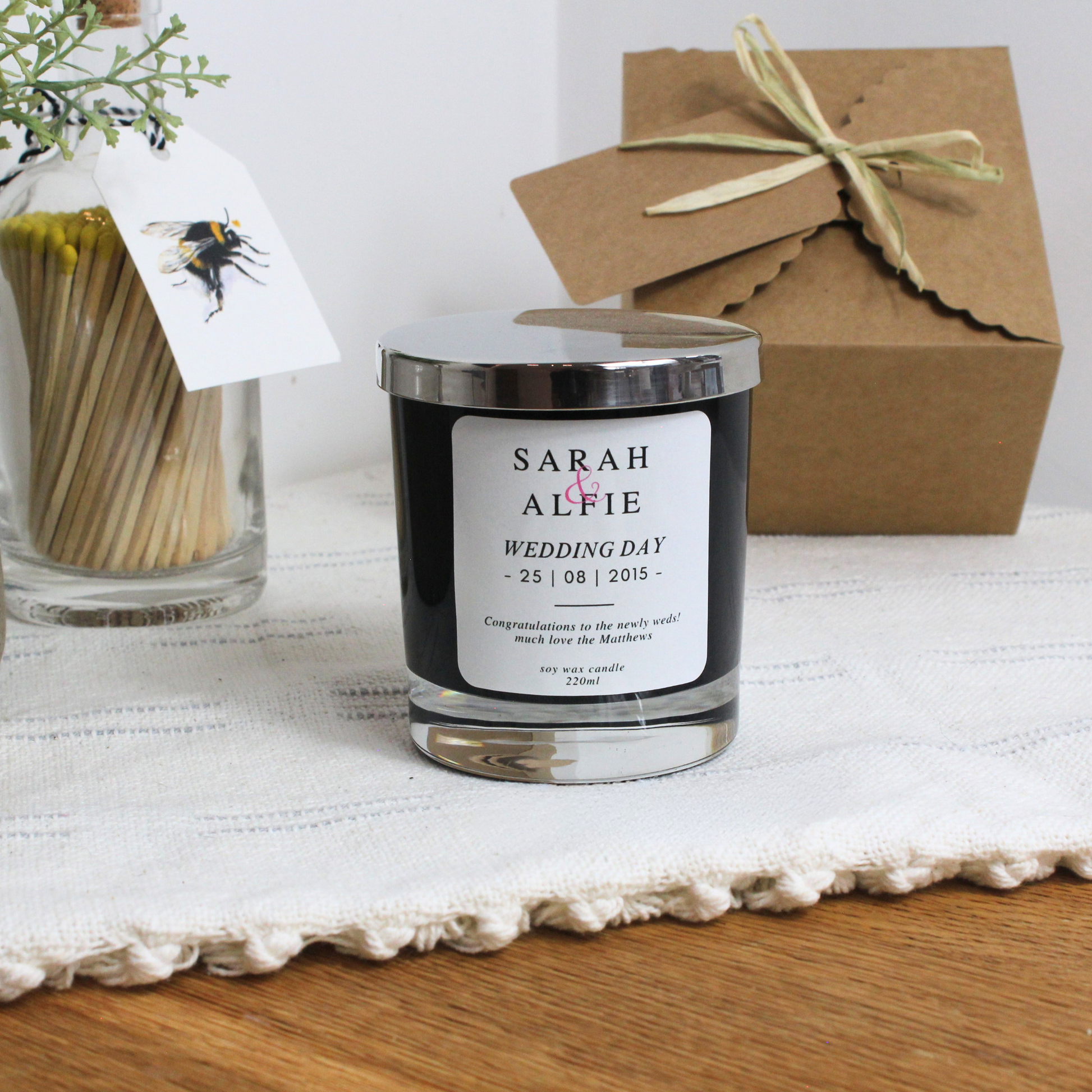Personalised Wedding Candle Featuring Couple’s Names and Date – Hideaway Home Fragrances