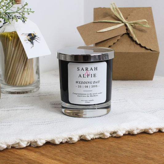 Personalised Wedding Candle Featuring Couple’s Names and Date – Hideaway Home Fragrances