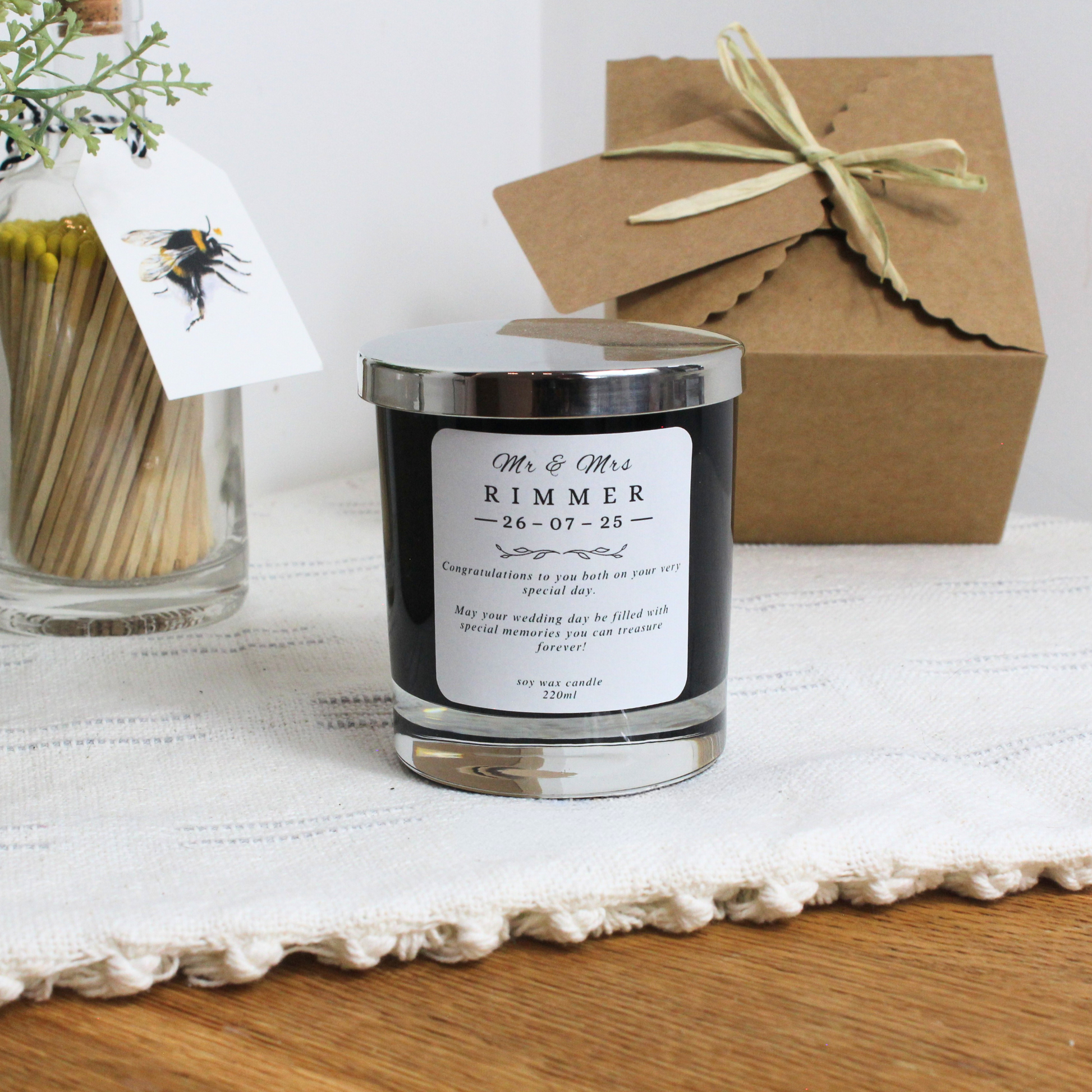 Elegant Wedding Keepsake Candle with Couple’s Names and Date – Hideaway Home Fragrances