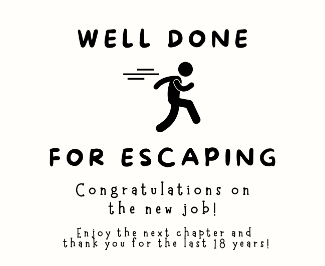 Funny personalized office leaving gift set with a witty "well done for escaping" new career tribute candle and reed diffuser, elegantly boxed by Hideaway Home Fragrances.