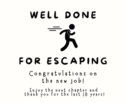 Funny personalized office leaving gift set with a witty "well done for escaping" new career tribute candle and reed diffuser, elegantly boxed by Hideaway Home Fragrances.