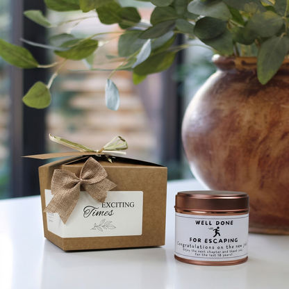 Custom luxury new job congratulations gift box featuring a humorous coworker farewell candle and matching home fragrance diffuser by Hideaway Home Fragrances.