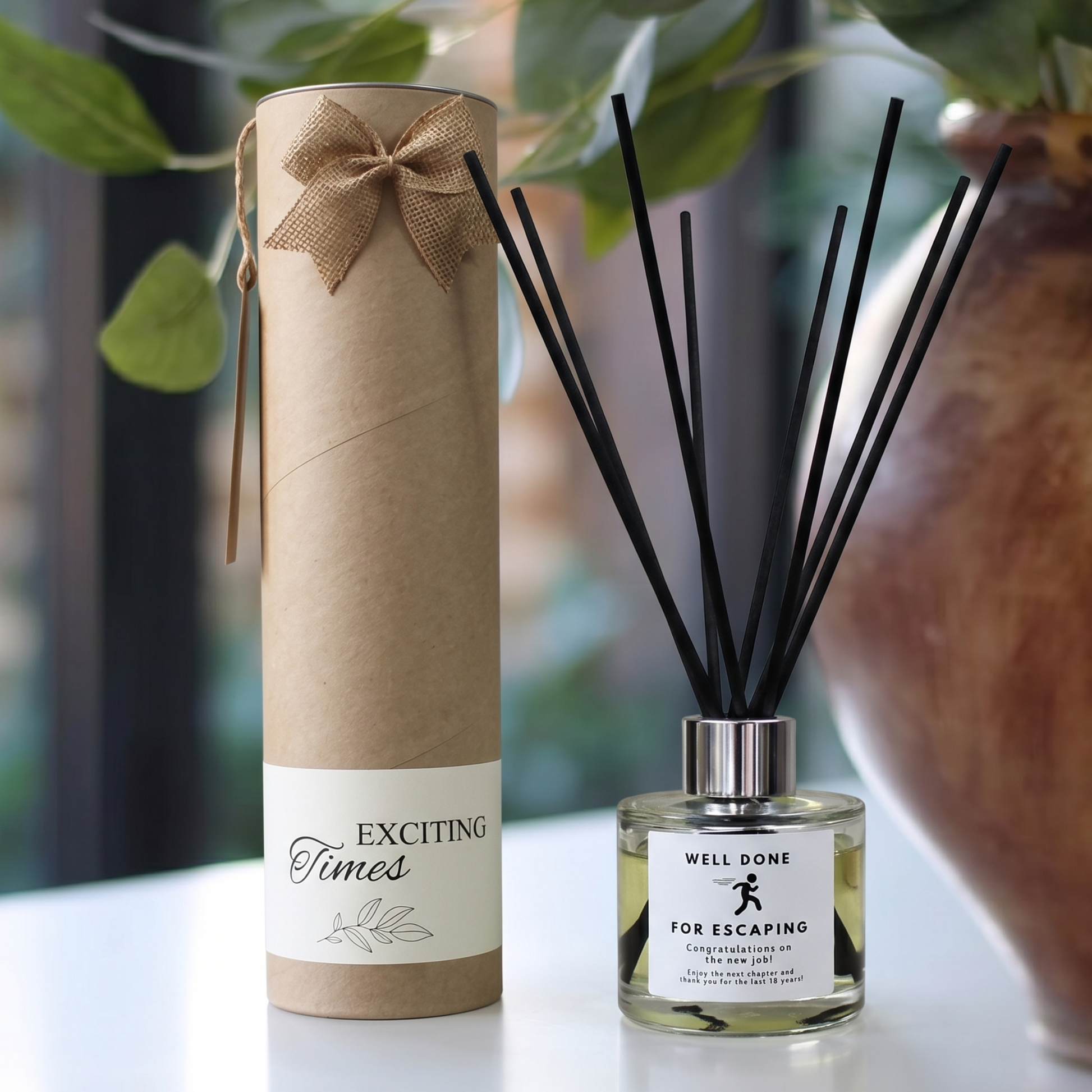 Personalised "Well Done For Escaping" funny leaving candle and luxury reed diffuser keepsake gift set, beautifully packaged and ready to gift by Hideaway Home Fragrances.