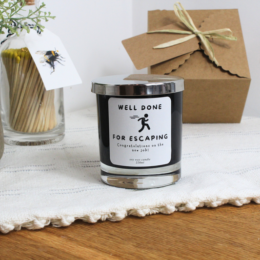 Well Done for Escaping Personalised Candle – Funny Leaving Work Gift by Hideaway Home Fragrances