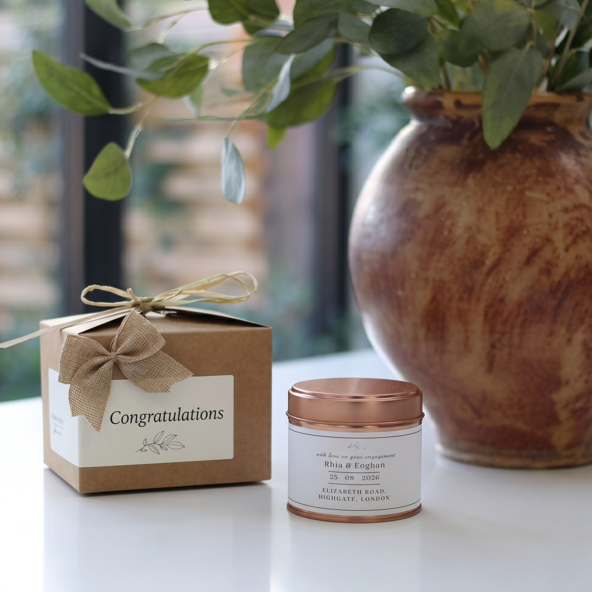 Custom anniversary and engagement keepsake gift box featuring a personalized location candle and matching diffuser by Hideaway Home Fragrances.