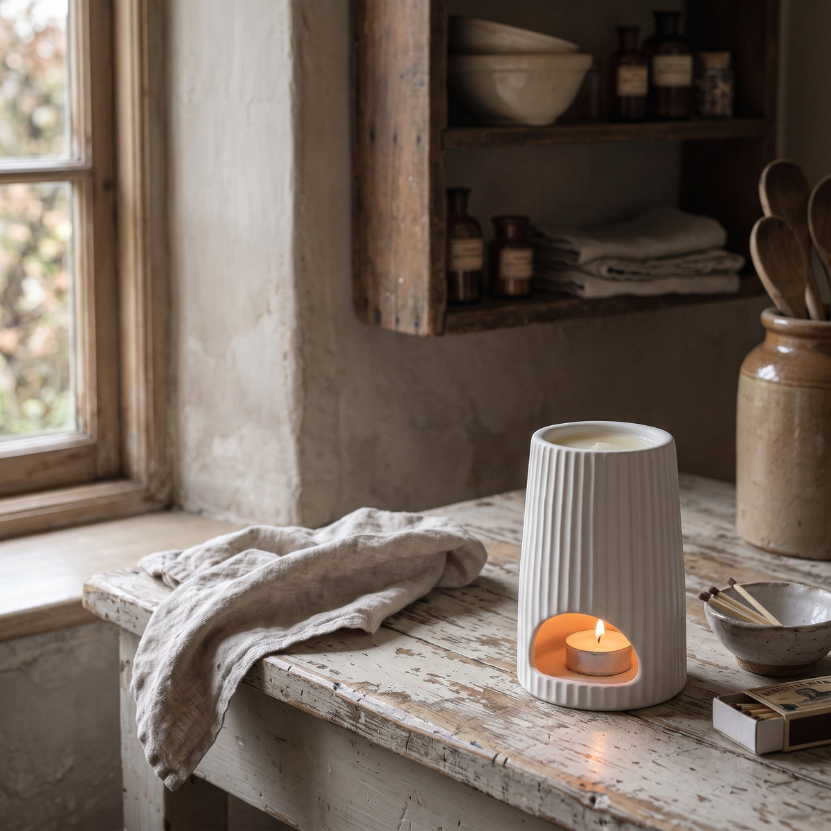 White Ribbed Ceramic Wax Melt Burner with glossy finish and textured ridges by Hideaway Home Fragrances on neutral studio background