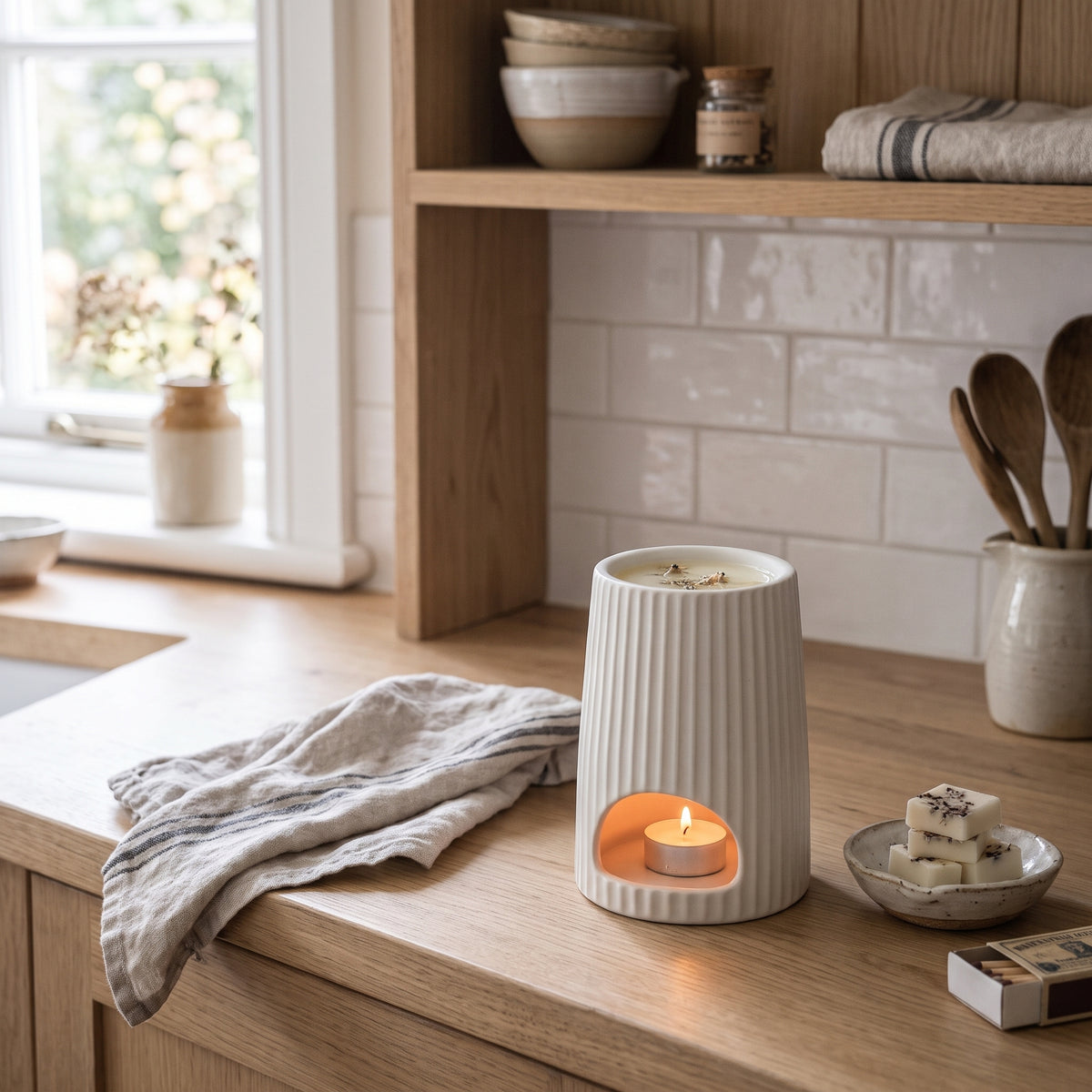Hideaway Home Fragrances White Ribbed Ceramic Wax Melt Burner styled on a rustic wooden table in a cosy, calm living room