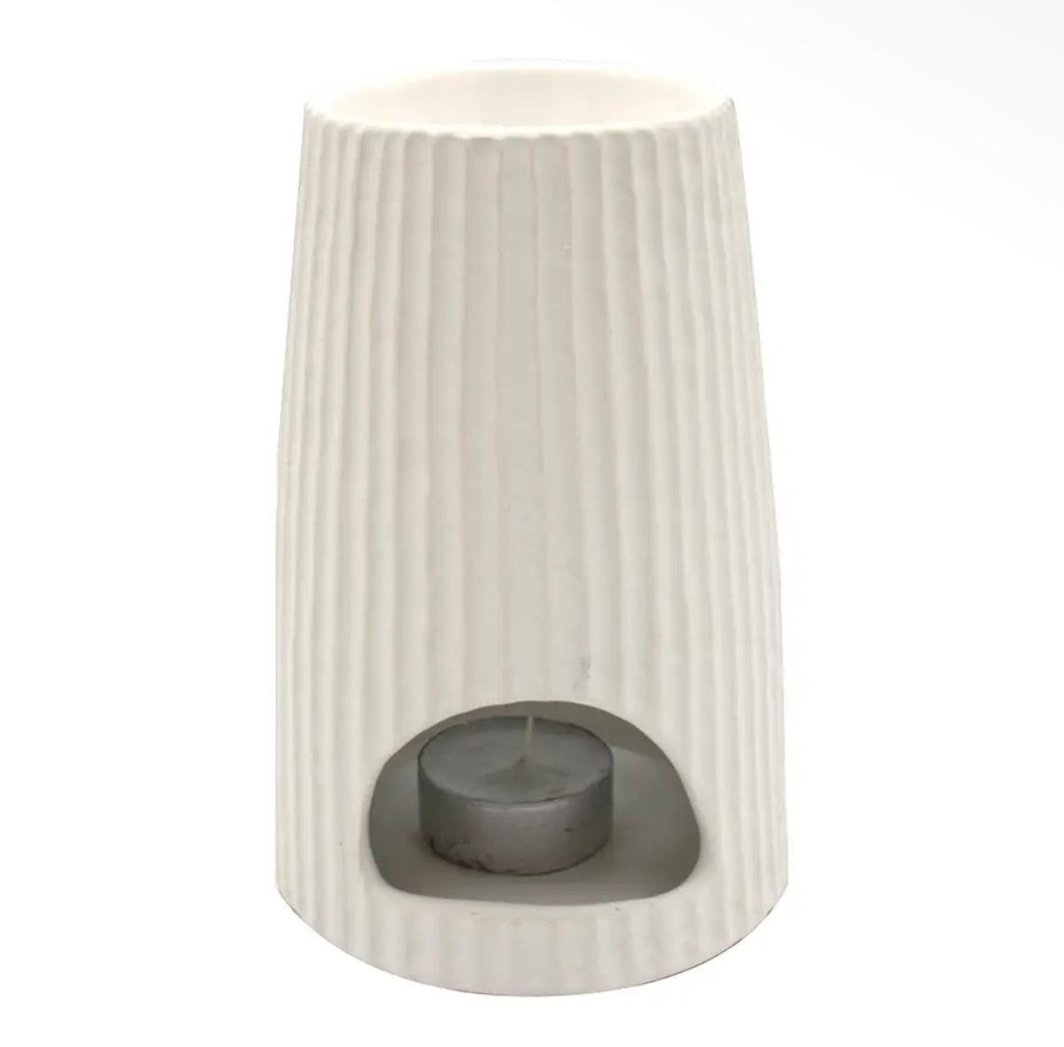 Close-up detail of the glossy white glaze and tactile horizontal ribbed design on the Hideaway Home Fragrances ceramic burner