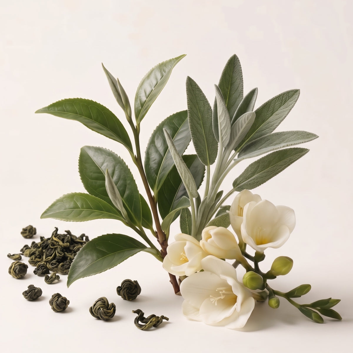 Fragrance note graphic for White Tea & Sage showing fresh herbal sage, white tea & oolong - Hideaway Home Fragrances