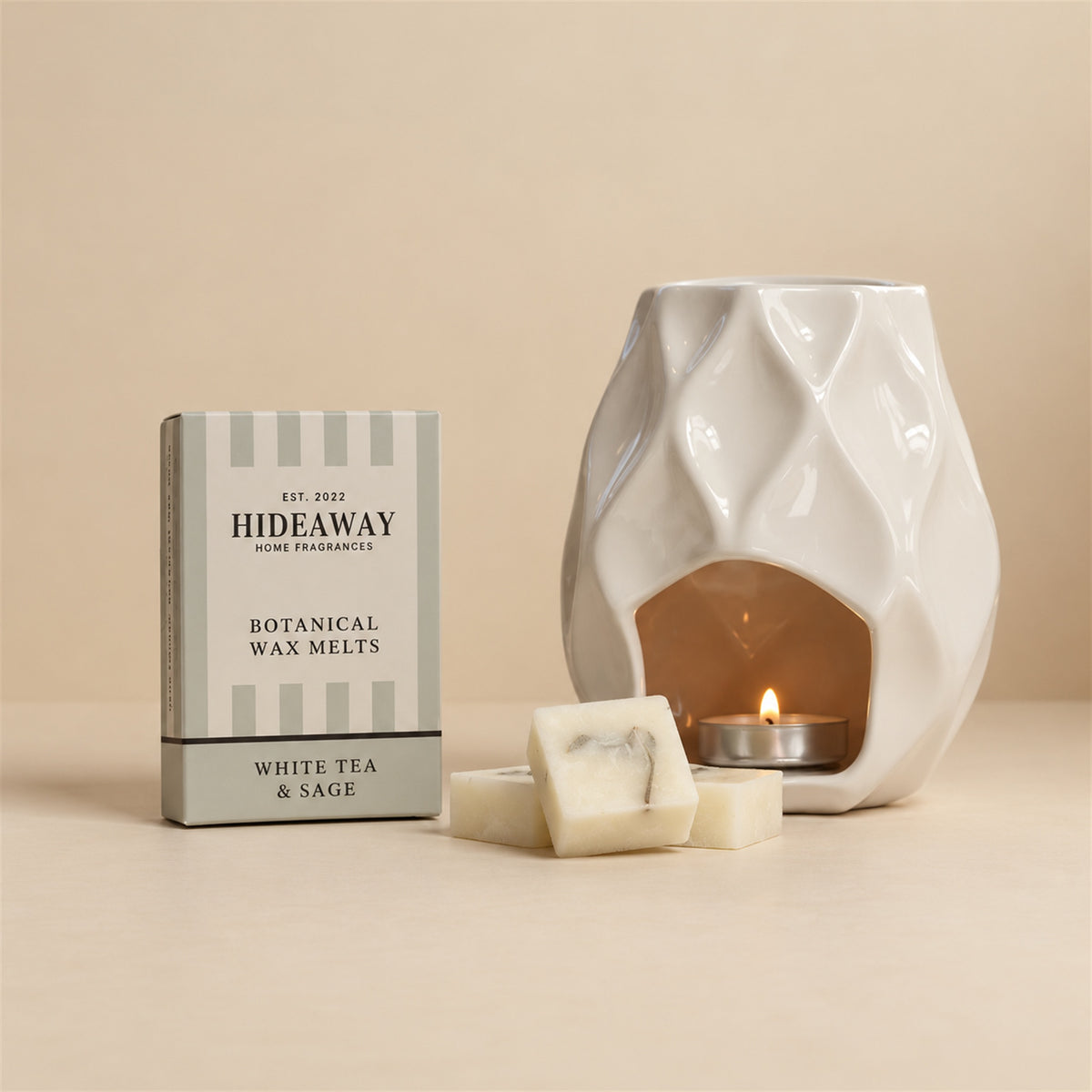 Hideaway Home Fragrances white tea and sage botanical wax melts eco-friendly packaging highlighting notes of delicate white tea, crisp mint, and warm oolong