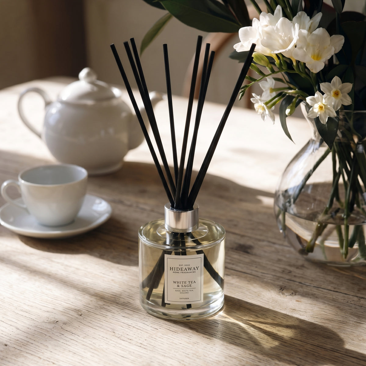 White tea and sage reed diffuser by Hideaway Home Fragrances featuring crisp mint, white tea, and oolong
