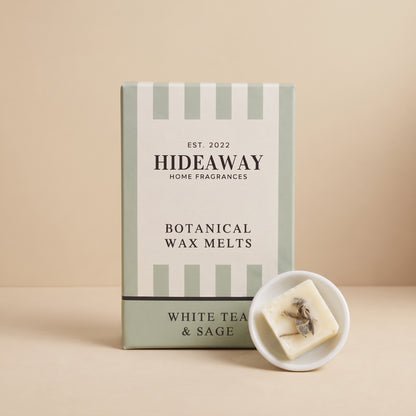 Hideaway Home Fragrances white tea and sage botanical wax melts infused with fresh sage, white tea, and earthy oolong