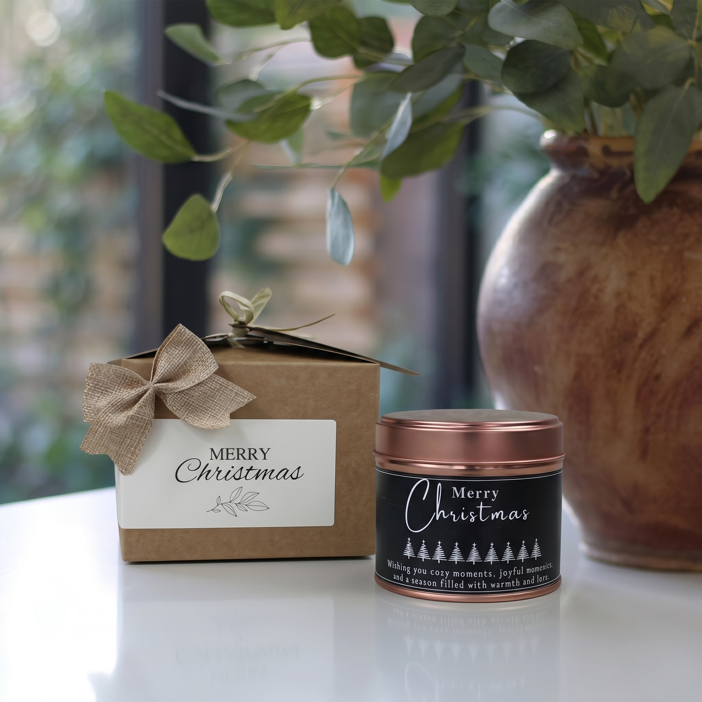 Custom snowy white tree holiday candle gift with personalized family name christmas design - Hideaway Home Fragrances