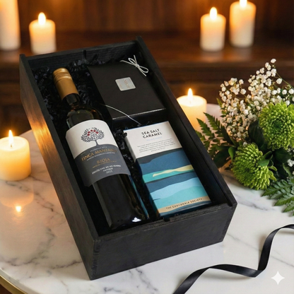 Close up of the open black wooden wine box revealing the Finca Manzanos label and artisan chocolate bar.