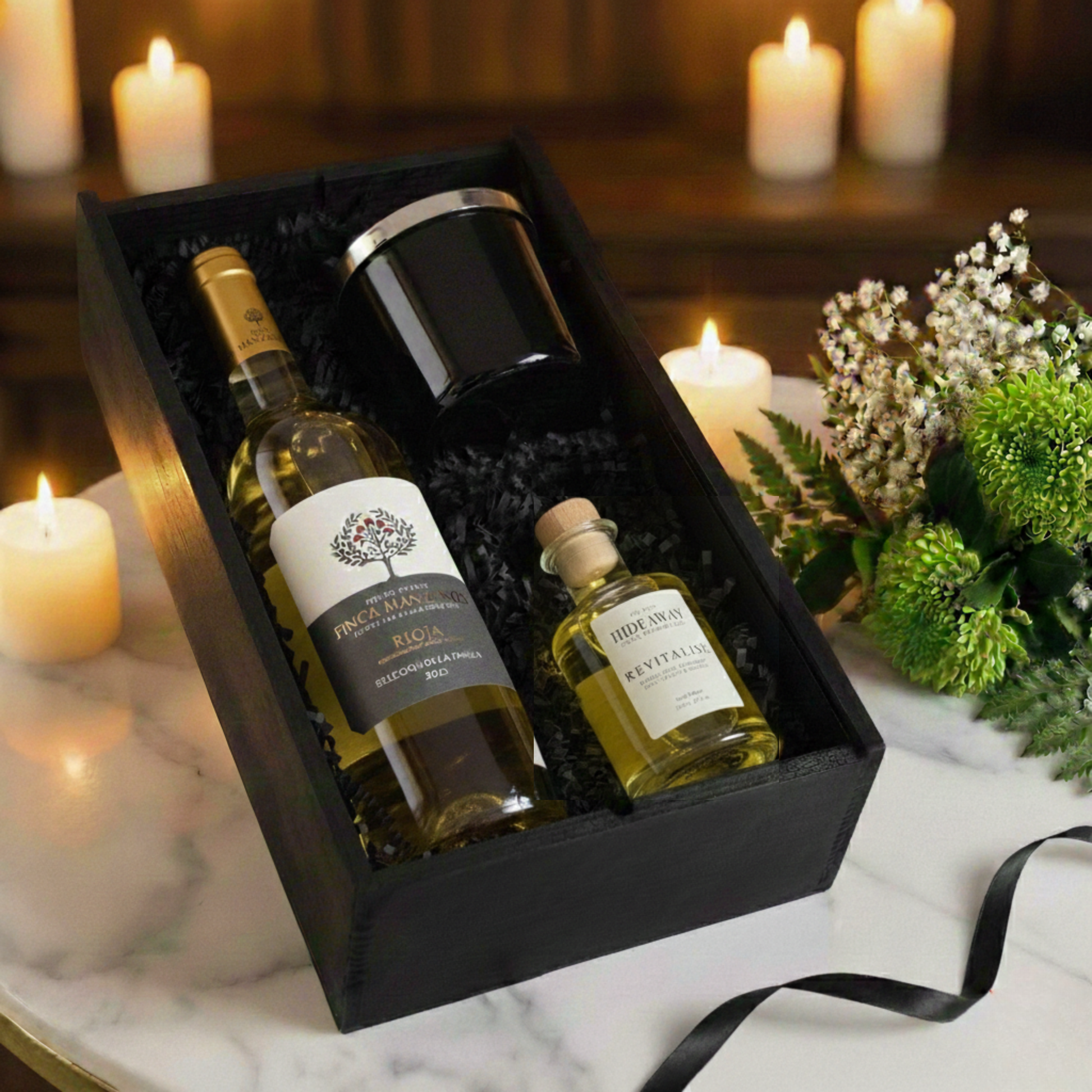 Wick, Reed & Vine Gift Box featuring Finca Manzanos wine, Hideaway glass candle, and reed diffuser inside a black wooden case.