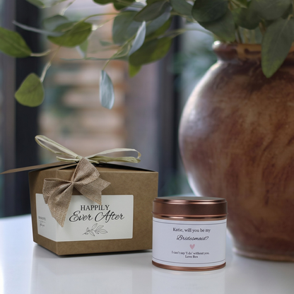 Ready-to-gift bridesmaid proposal keepsake box containing a custom handmade soy candle and premium home diffuser – Hideaway Home Fragrances