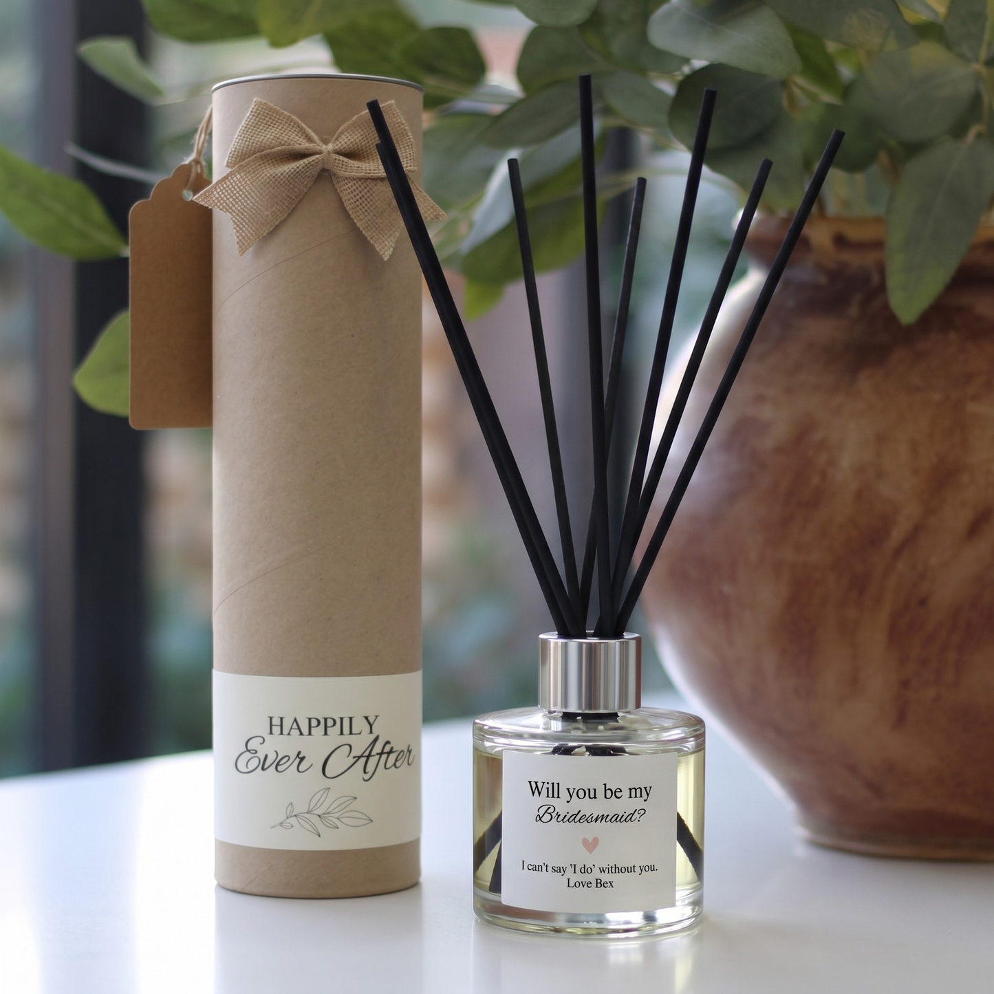Luxury "Will You Be My Bridesmaid" proposal gift set featuring a personalised scented candle and reed diffuser – Hideaway Home Fragrances