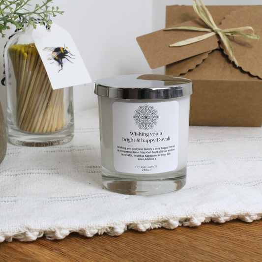 Personalised Diwali candle gift with ‘Wishing You a Happy & Bright Diwali’ message – Hideaway Home Fragrances