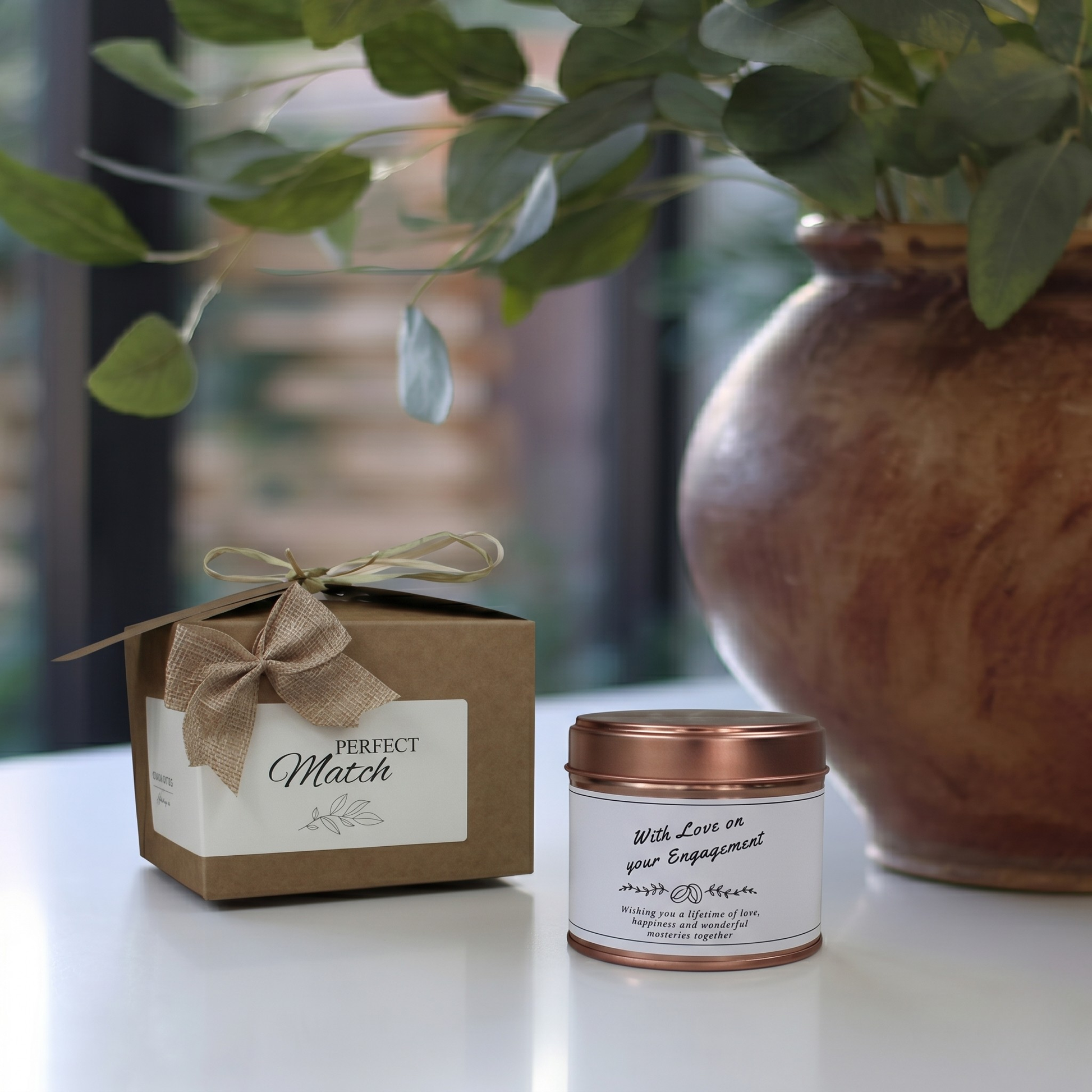 Custom engagement congratulations candle gift with personalized names and romantic love design - Hideaway Home Fragrances