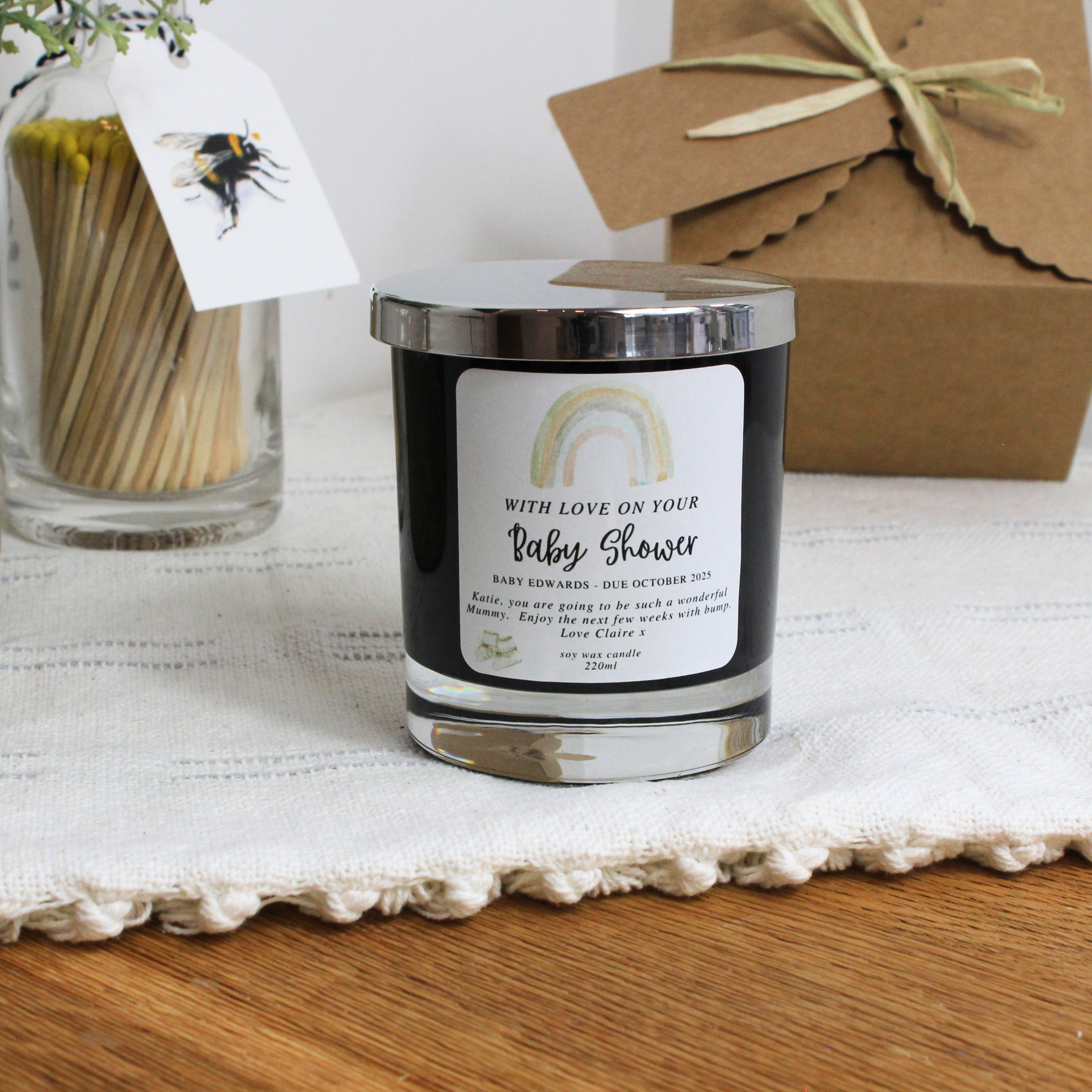 Elegant baby shower candle gift personalised with surname, due date, and heartfelt message – Hideaway Home Fragrances