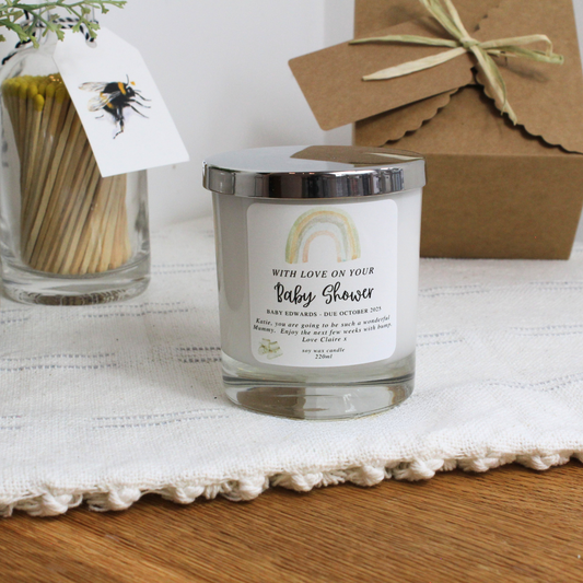 With Love on Your Baby Shower personalised candle with rainbow design and custom message – Hideaway Home Fragrances