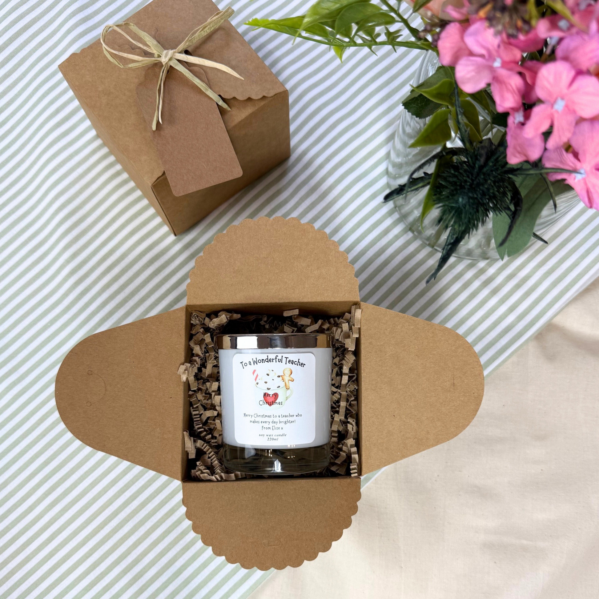 Elegant festive personalised candle keepsake for a special teacher – Hideaway Home Fragrances