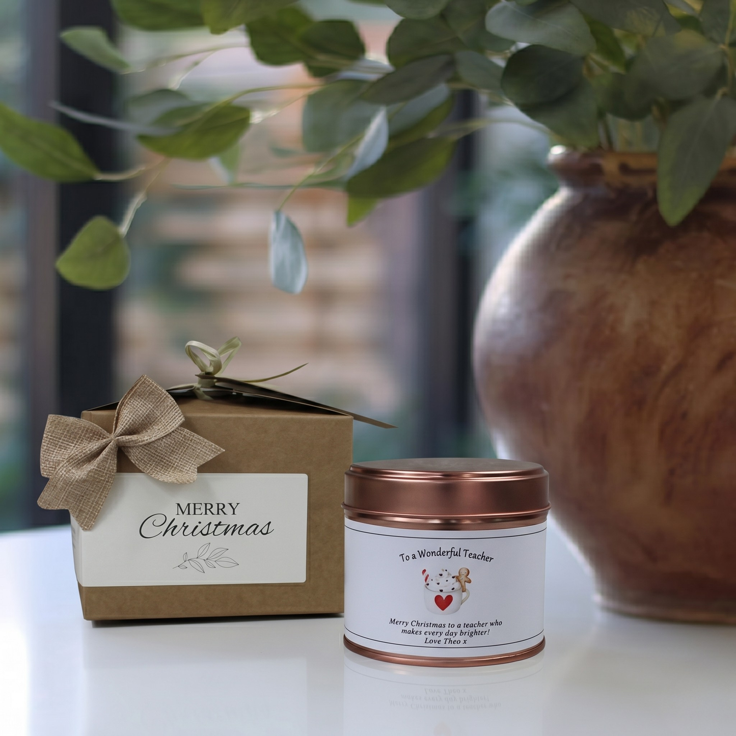Custom teacher appreciation christmas candle gift with personalized name and wonderful teacher message - Hideaway Home Fragrances