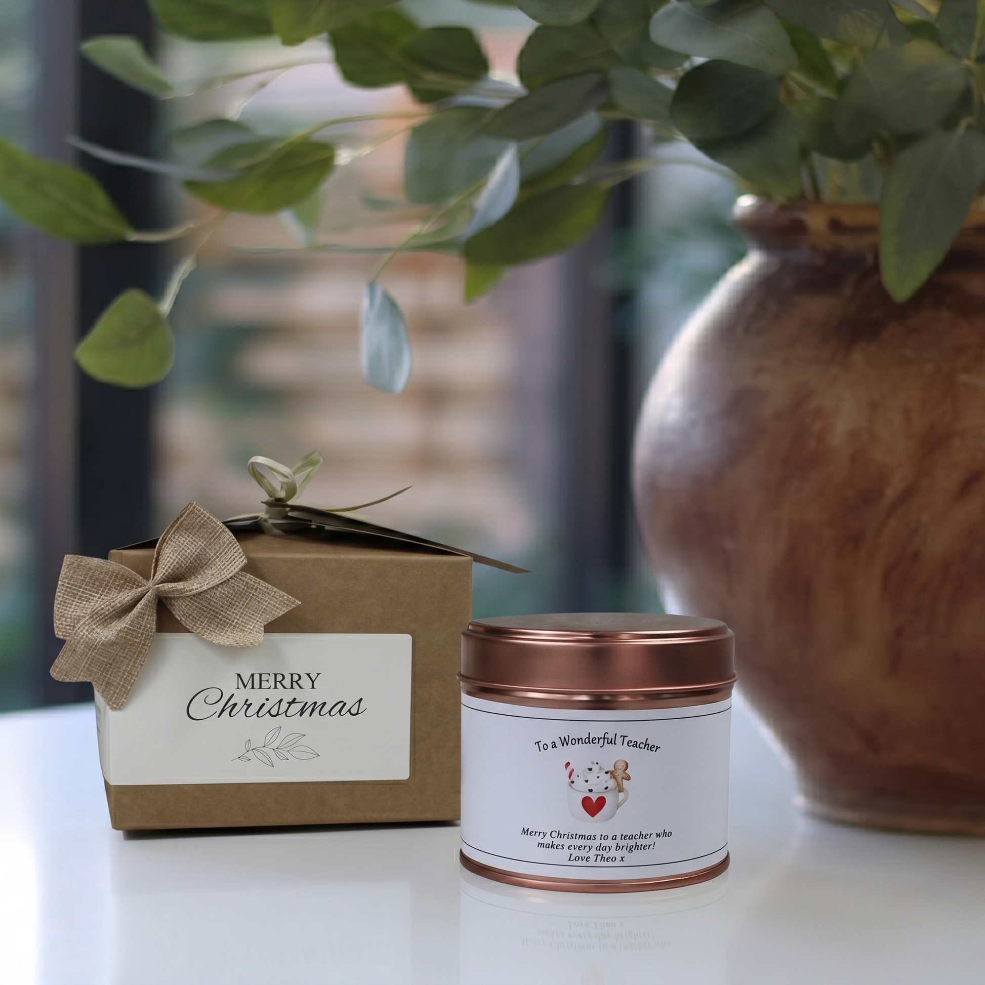 Custom teacher appreciation christmas candle gift with personalized name and wonderful teacher message - Hideaway Home Fragrances