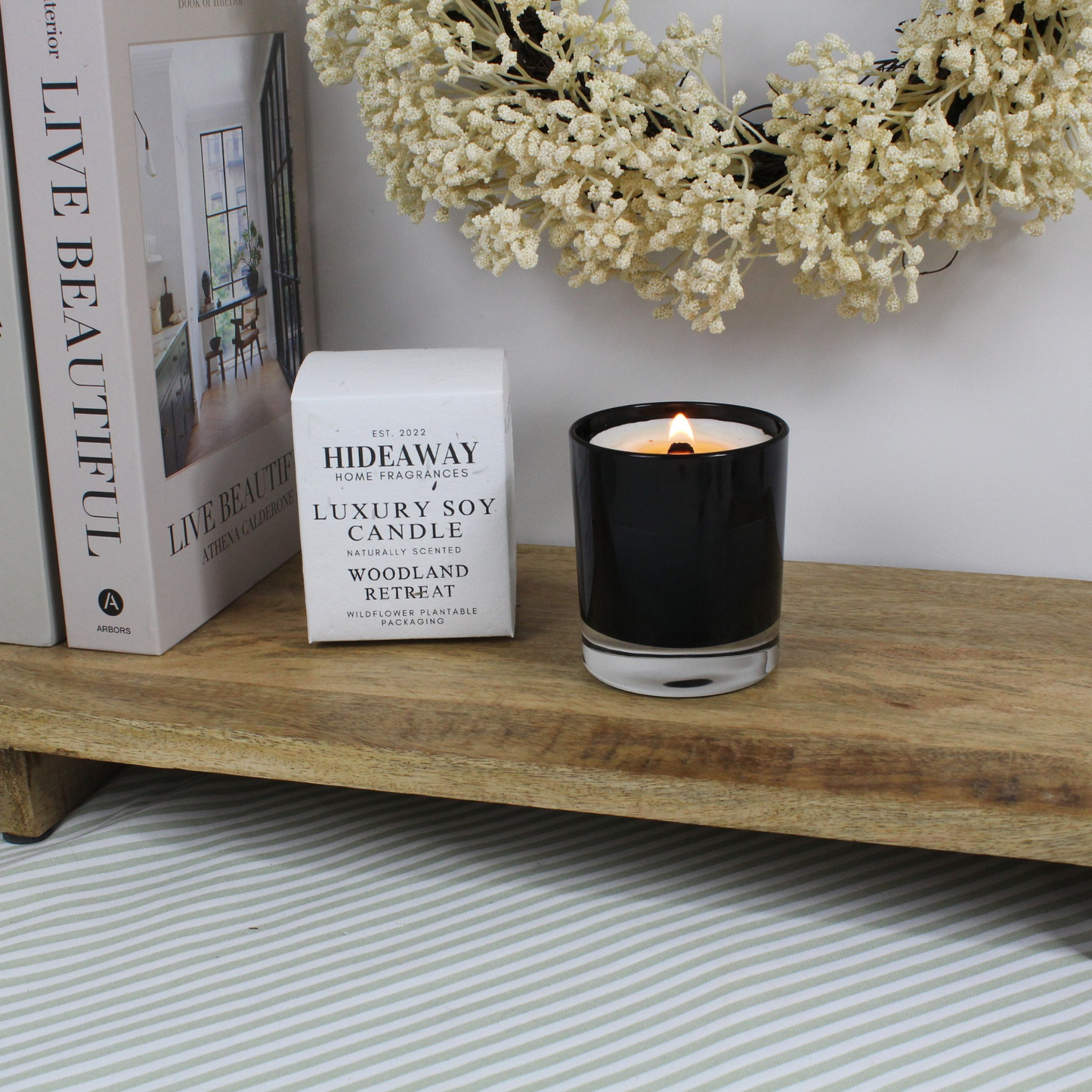 Luxury Woodland Retreat soy wax candle inspired by woodland paths, ferns, and sun-dappled trees – Hideaway Home Fragrances