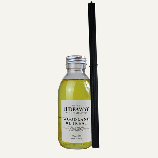 Woodland Path Reed Diffuser Refill with sweet orange, ylang ylang, cedarwood, and sandalwood – uplifting, floral, and grounding scent – Hideaway Home Fragrances