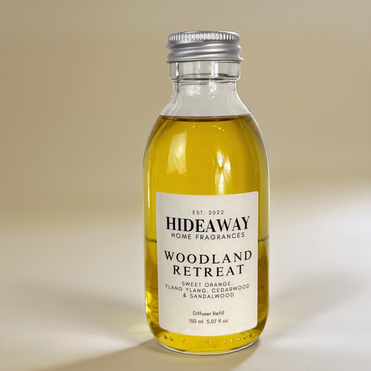 Woodland Path Reed Diffuser Refill with sweet orange, ylang ylang, cedarwood, and sandalwood – uplifting, floral, and grounding scent – Hideaway Home Fragrances