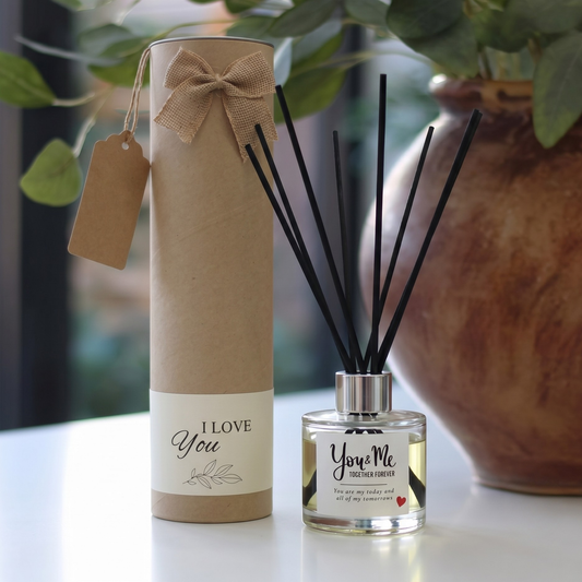 Romantic Valentine's Day gift set featuring a personalised "You & Me Forever" scented candle and reed diffuser – Hideaway Home Fragrances