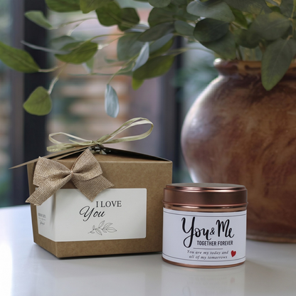 Custom you and me forever wedding anniversary candle gift with personalised date - Hideaway Home Fragrances