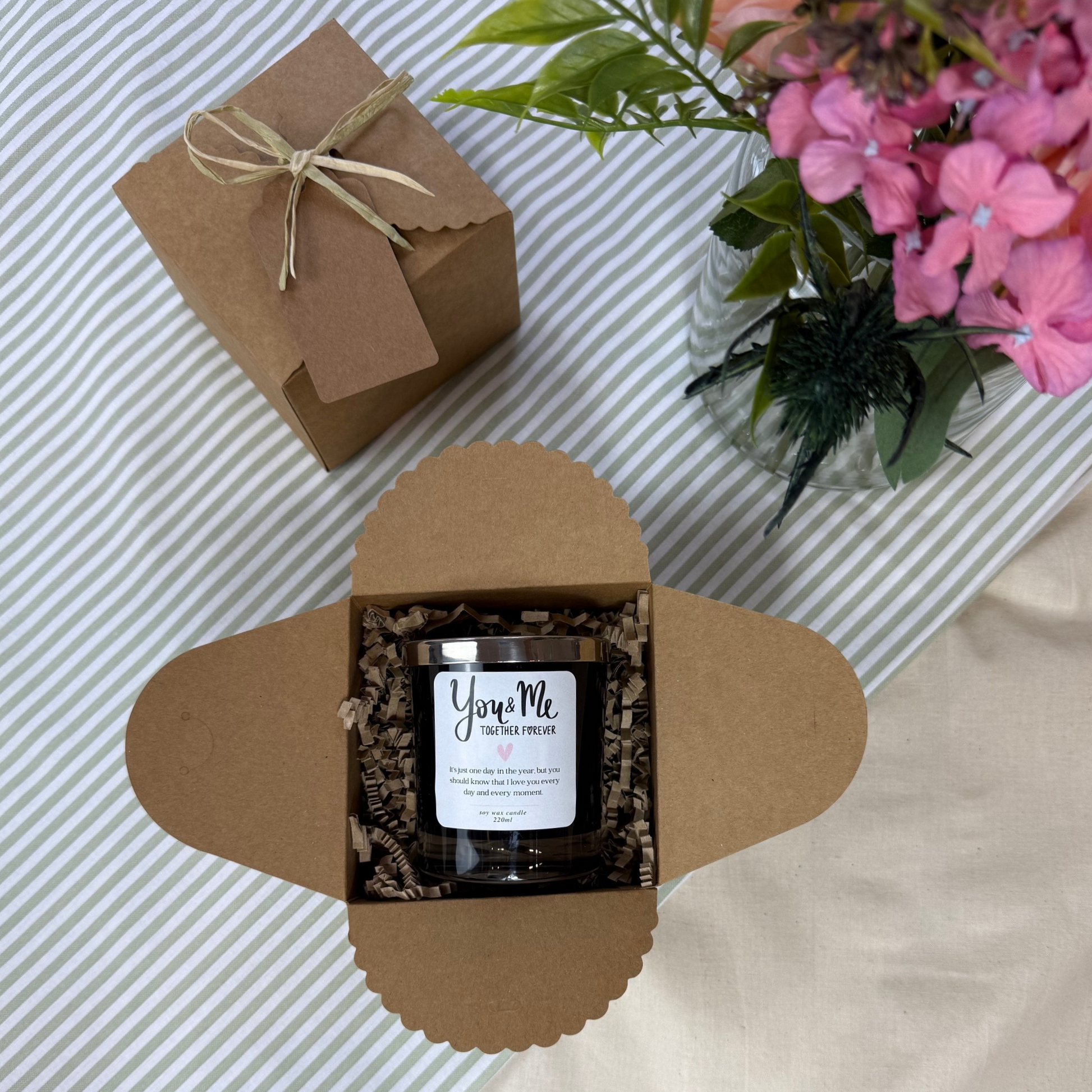 Elegant personalised anniversary candle featuring ‘You & Me Together Forever’ sentiment – Hideaway Home Fragrances