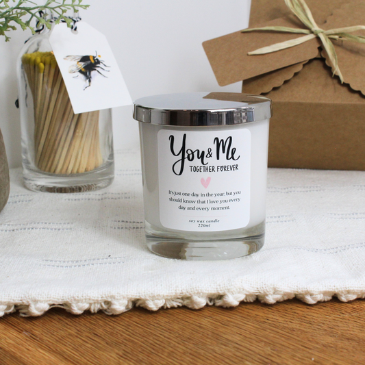 Personalised anniversary candle with romantic ‘You & Me Together Forever’ wording – Hideaway Home Fragrances