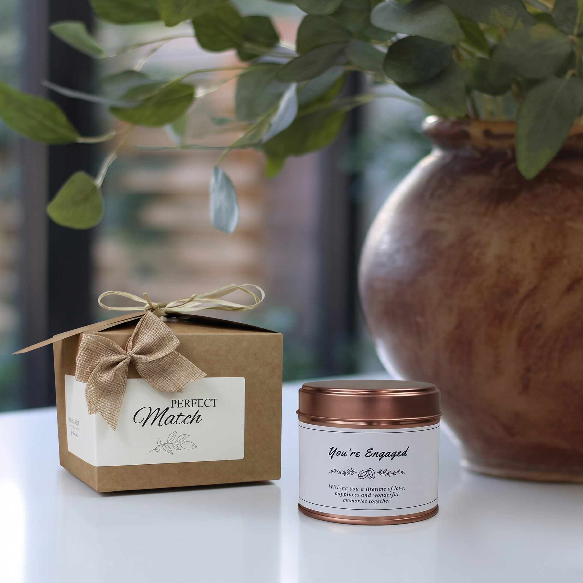 Custom engagement announcement candle gift with personalized couple names and congratulations message - Hideaway Home Fragrances