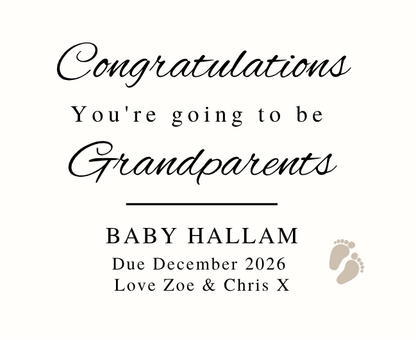 Luxury personalized new grandparents keepsake gift set with a celebratory baby announcement tribute candle and reed diffuser, elegantly boxed by Hideaway Home Fragrances.