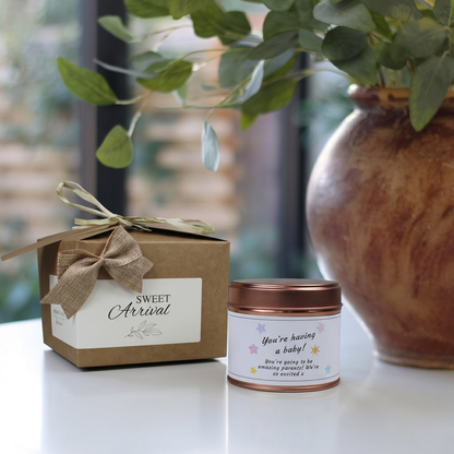 Custom luxury pregnancy congratulations gift box featuring a personalized baby shower candle and matching home fragrance diffuser by Hideaway Home Fragrances.