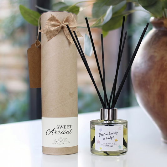 Personalised "You're Having A Baby" candle and luxury reed diffuser keepsake gift set, beautifully packaged and ready to gift by Hideaway Home Fragrances.