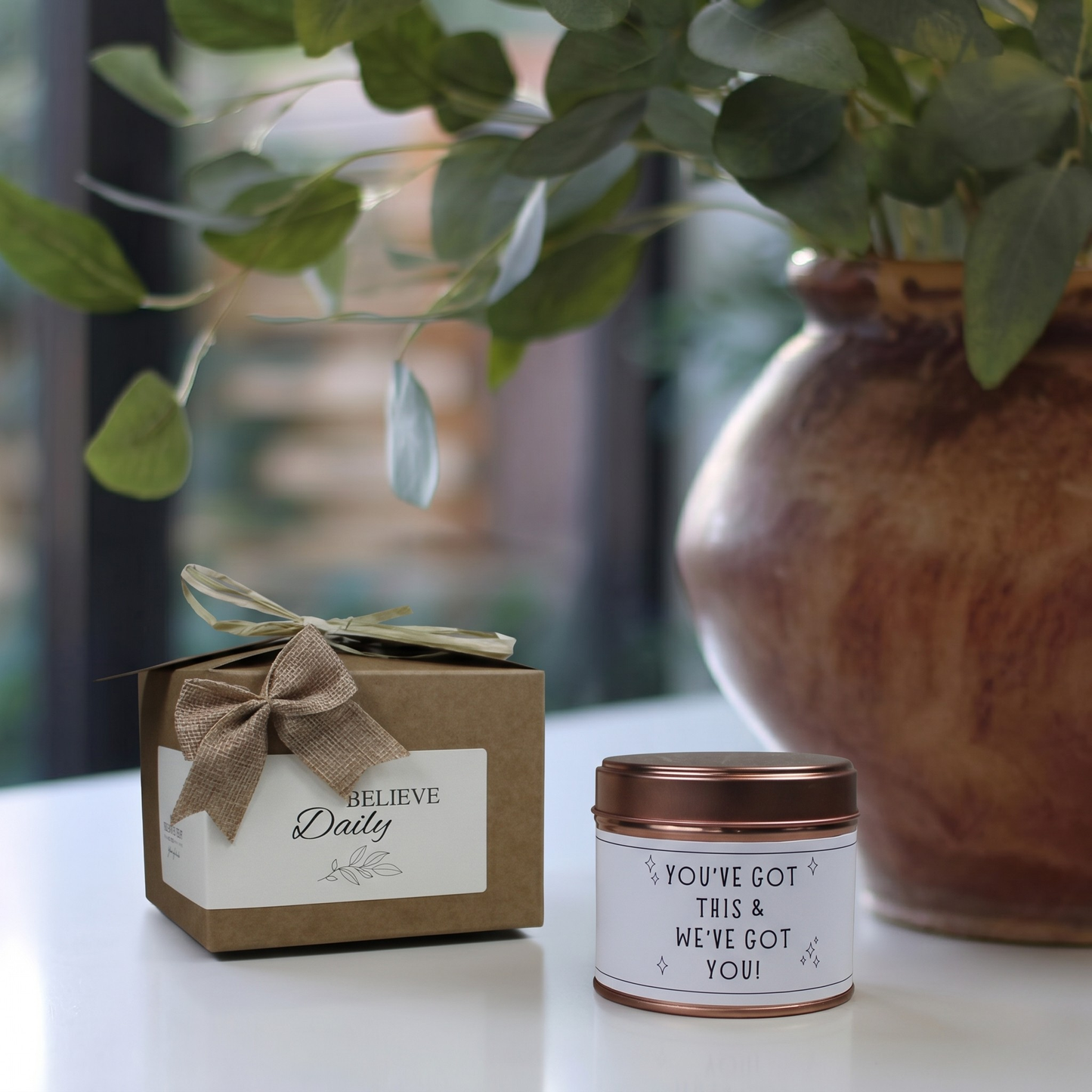 Custom encouragement care package gift box featuring a personalized motivational good luck candle and matching home fragrance diffuser by Hideaway Home Fragrances.