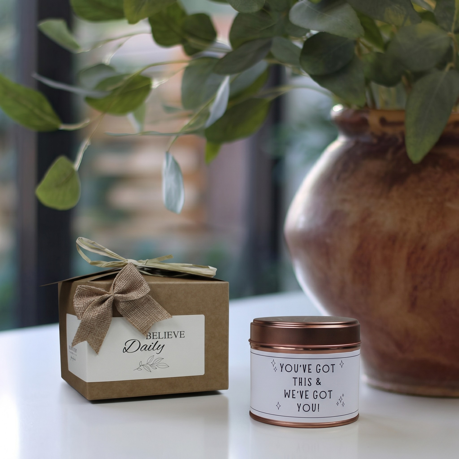 Custom encouragement care package gift box featuring a personalized motivational good luck candle and matching home fragrance diffuser by Hideaway Home Fragrances.