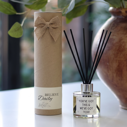 Personalised "You've Got This" positive candle and luxury reed diffuser keepsake gift set, beautifully packaged and ready to gift by Hideaway Home Fragrances.