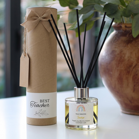 Personalised "Truly Amazing Teacher" school end of term candle and luxury reed diffuser keepsake gift set, beautifully packaged and ready to gift by Hideaway Home Fragrances.