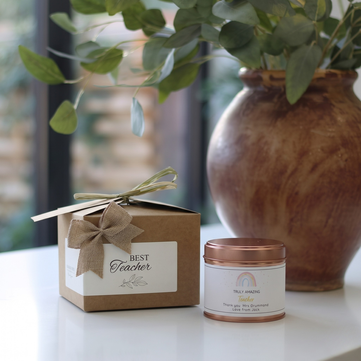 Custom luxury teacher appreciation gift box featuring a personalized thank you educator candle and matching home fragrance diffuser by Hideaway Home Fragrances.