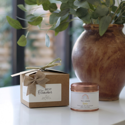 Custom luxury teacher appreciation gift box featuring a personalized thank you educator candle and matching home fragrance diffuser by Hideaway Home Fragrances.