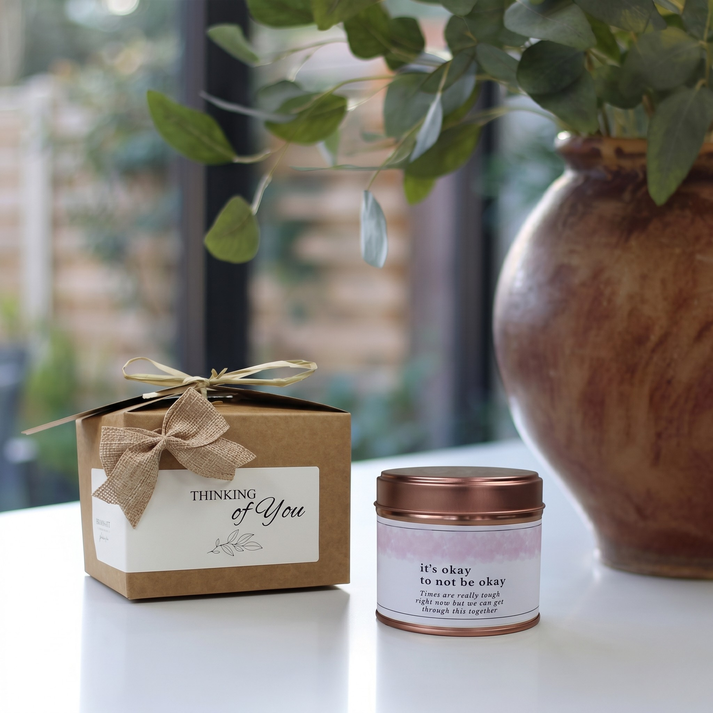 Mental health awareness care package gift box featuring an inspirational comfort candle and matching home fragrance diffuser by Hideaway Home Fragrances.