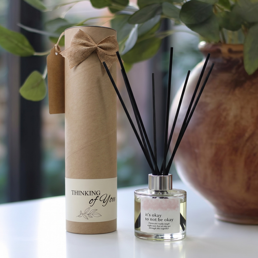 Personalised "It's OK To Not Be OK" candle and luxury reed diffuser keepsake gift set, beautifully packaged and ready to gift by Hideaway Home Fragrances.