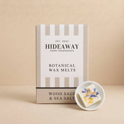 Hideaway Home Fragrances wood sage and sea salt botanical wax melts infused with coastal sea salt, earthy sage, and cedarwood