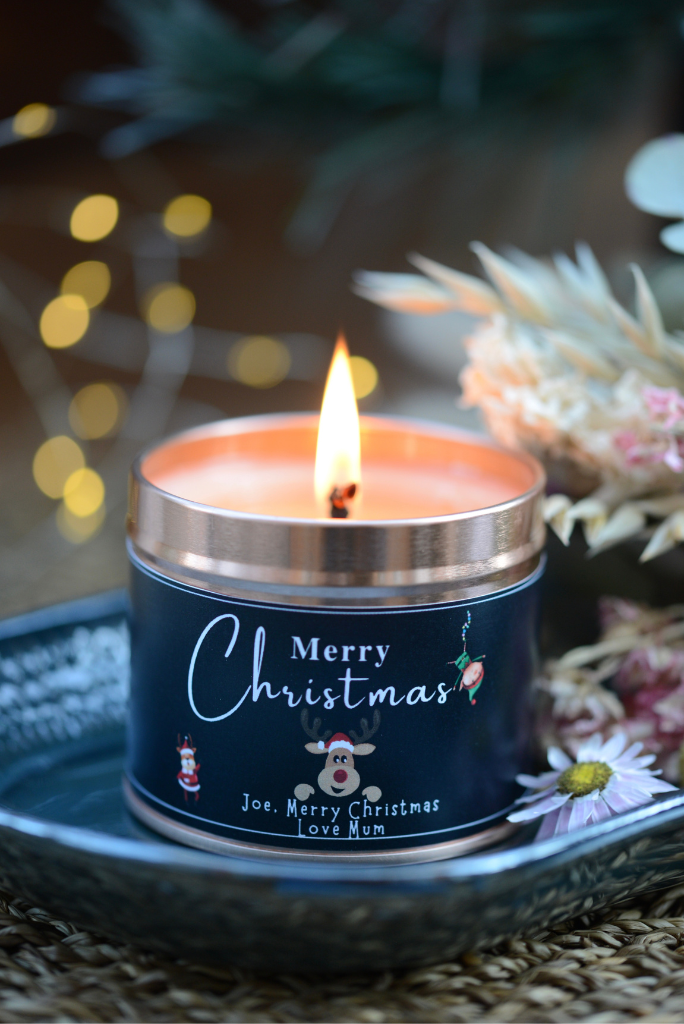 Merry Christmas Rudolph Design with Message - Personalised Candle Gift - Hideaway Home Fragrances